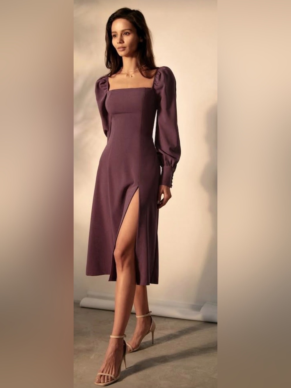 Plum Long-Sleeve Square Neck Midi Dress with High Slit
